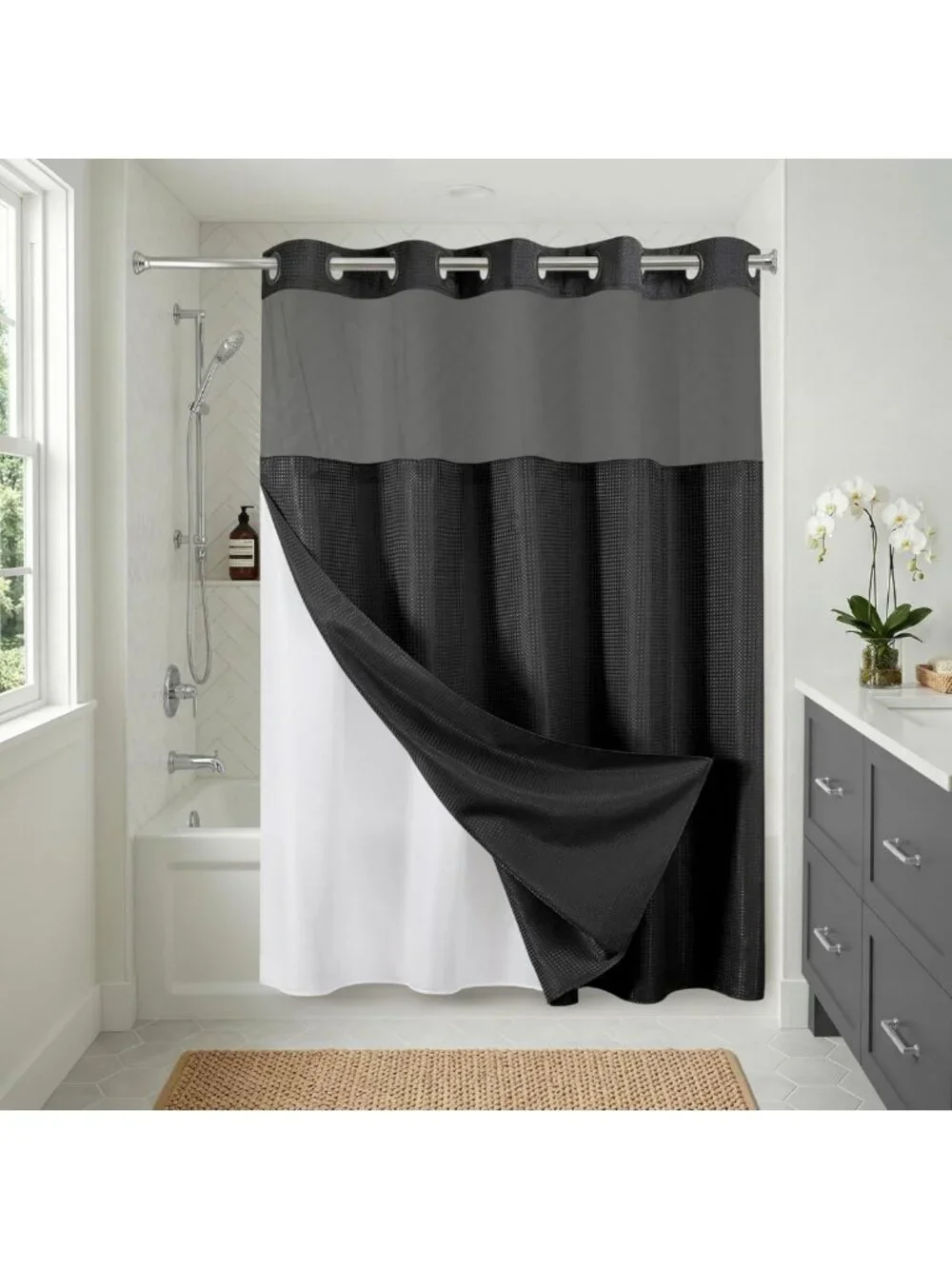 Water-Resistant 72x75 Waffle Shower Curtain with Sheer Panel & Durable Grommets